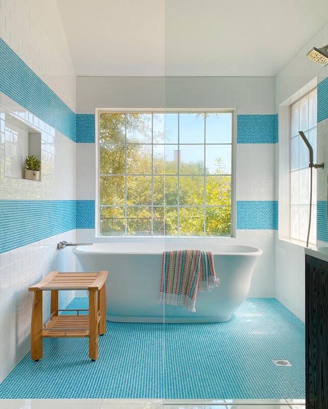 bathroom, wet room, mosaic tiles, blue tile, vessel tub